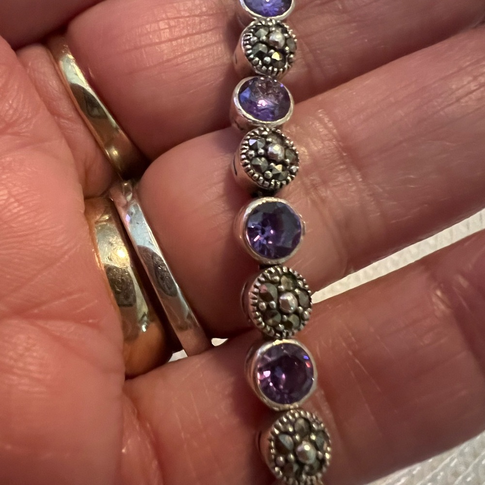 Sterling Silver Purple Amethyst n Marcasite Gemstone Bracelet - Picture 2 of 9